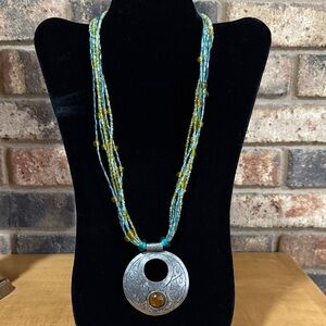 Vintage Blue, Amber, and Yellow seed bead 6 strand medallion southwest necklace